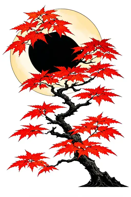 Japanese Maple Tree With Leaves In Front Of Moon
