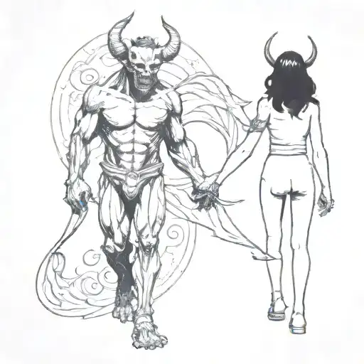 A Drawing Of A Girl And A Demon Walking Holding Hands