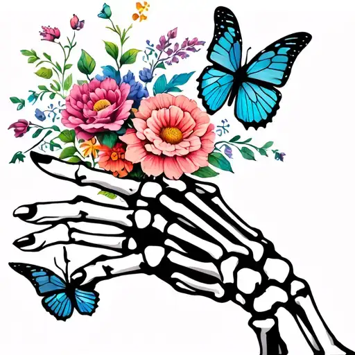 Skeleton Hand With Flowers And Butterflies
