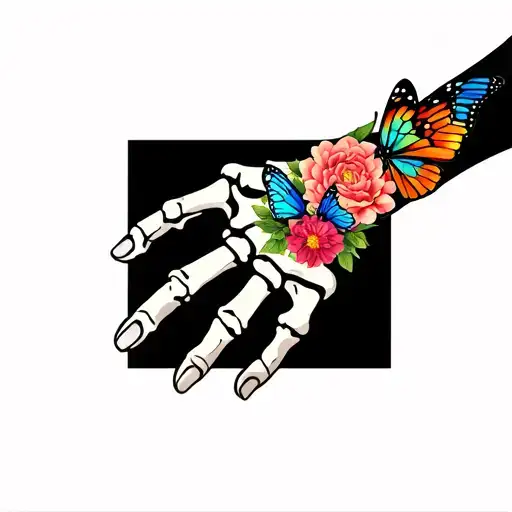 Skeleton Hand With Flowers And Butterflies Tattoo Is On Right Hand