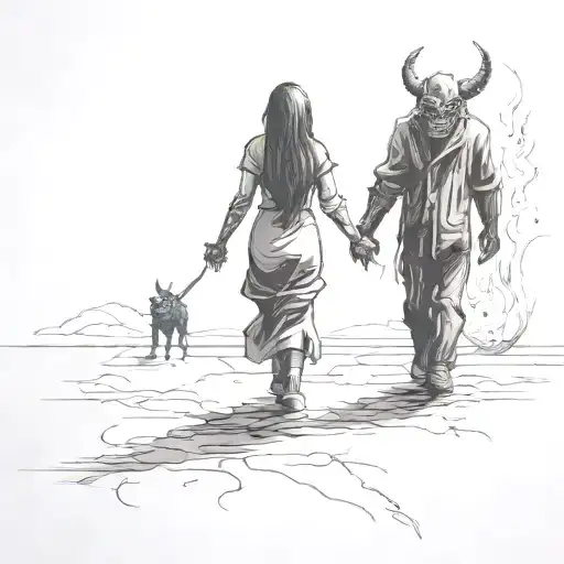 A Girl Wearing Converse Shoes And A Large Shadowy Demon Walking Holding Hands Holding Each Other