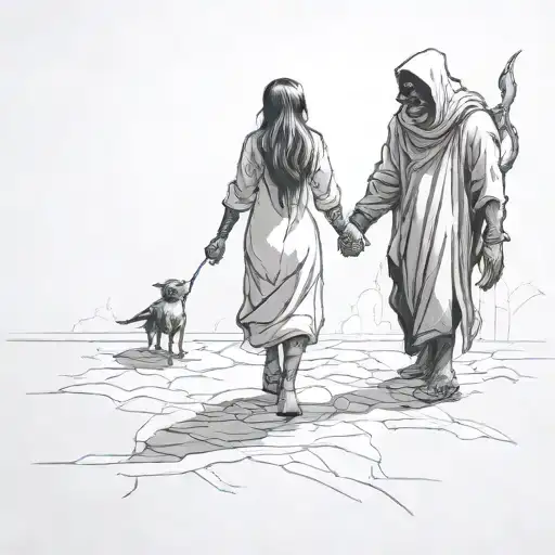 A Girl Comforting A Evil Shadow Creature Walking Together