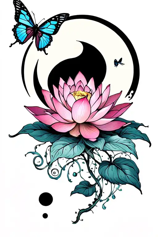 Lotus Flower Under A Moon And A Semicolon Butterfly Flying Around