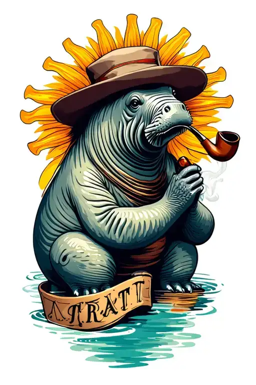 Manatee In A Sun Hat Smoking A Pipe