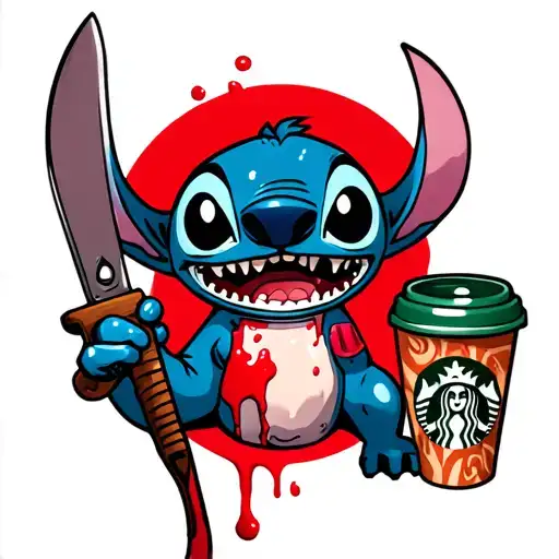 Stitch Holding A Bloody Knife In One Hand And A Starbucks Cup In The Other