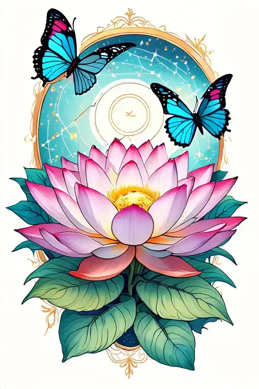 Lotus Flower With Taurus Constellation And Butterflies