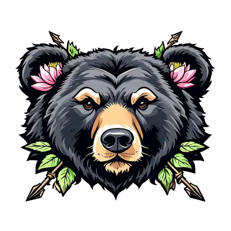 Old School Bear Head With Lotus Mint And Arrows