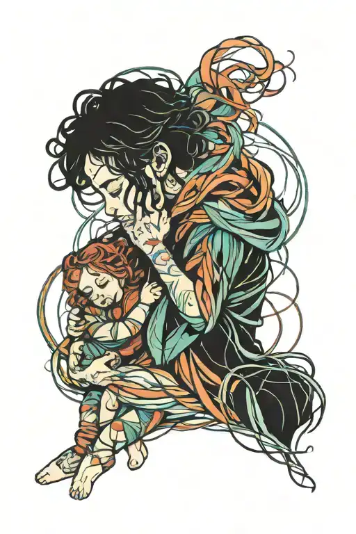 Colourful Lines Tangled Together Conjoined And A Child Hold One Them