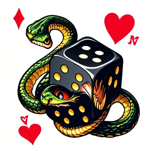 Pair Of Snake Eye Dice With Snakes Running Through It And A Royal Flush Of Hearts Behind