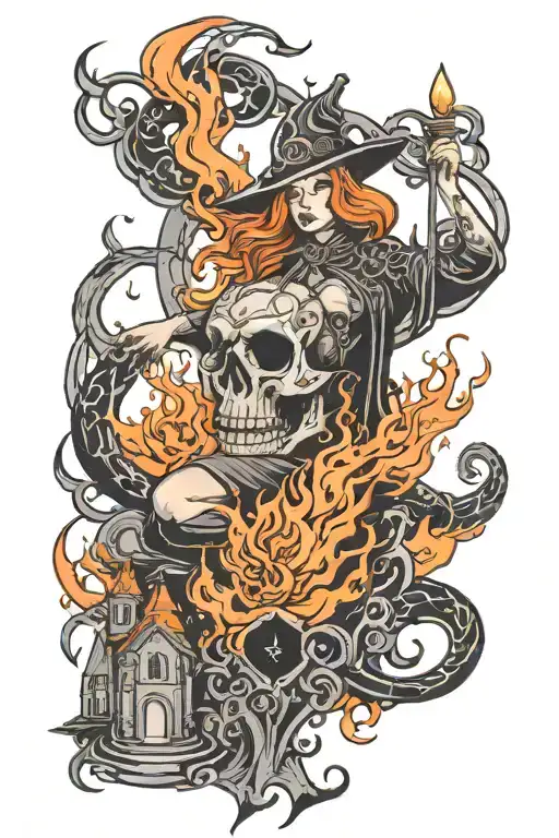 Dark Norse Witch And Burning Church Black Grey Orange Fire