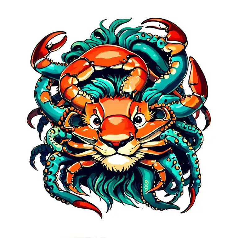 Crab And Happy Lion And Octopus Tentacles As Mane