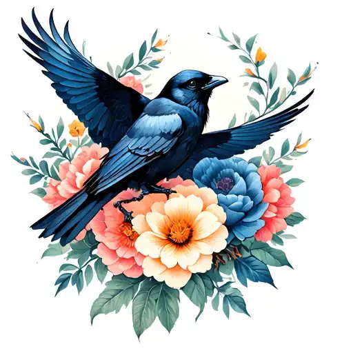Flowers And Crows Flying