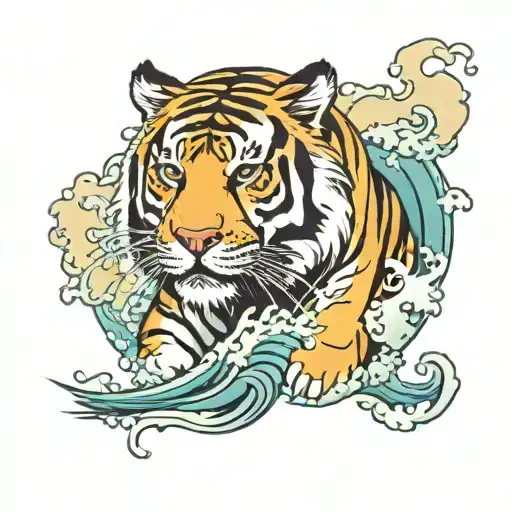 Tiger And Japanese Wave Crashing