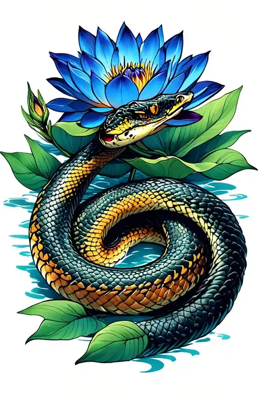 Snake And Blue Lotus Flower Surrounded