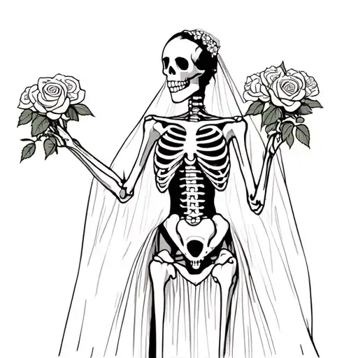 Skeleton Bride Standing Holding Roses