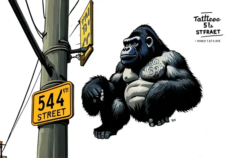 Gorilla With 54Th Street And 5Th Ave Tattooed On His Chest Standing On A Street Pole