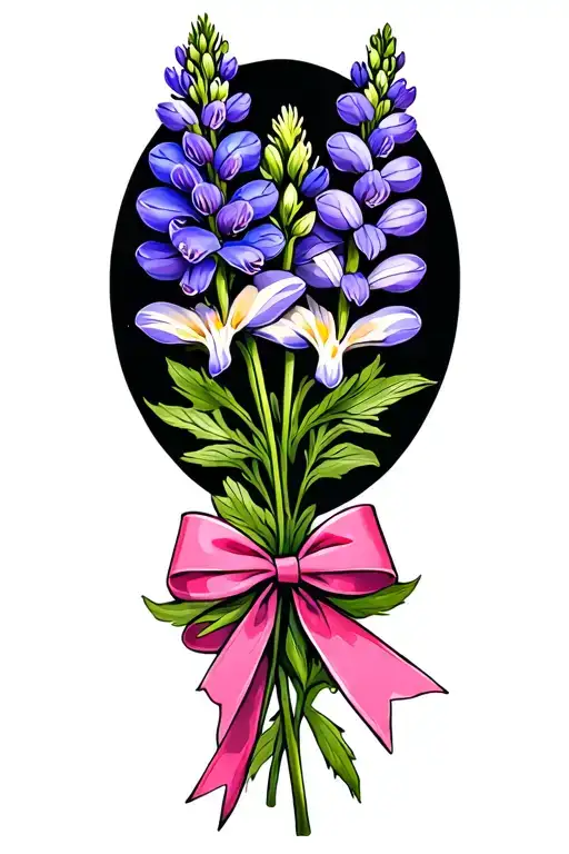 3 Lupine Flowers Without A Background Tied Together With A Pink Bow