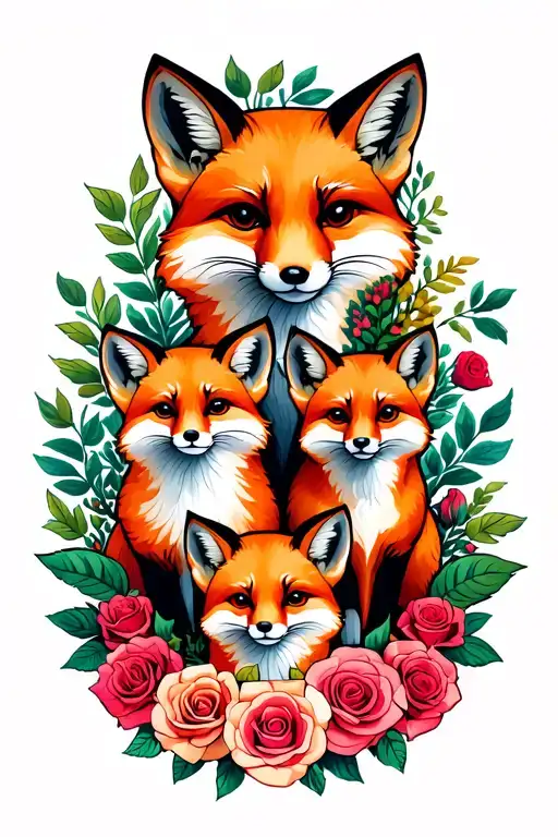 Family Of Foxes With Four Cubs And Roses Around It