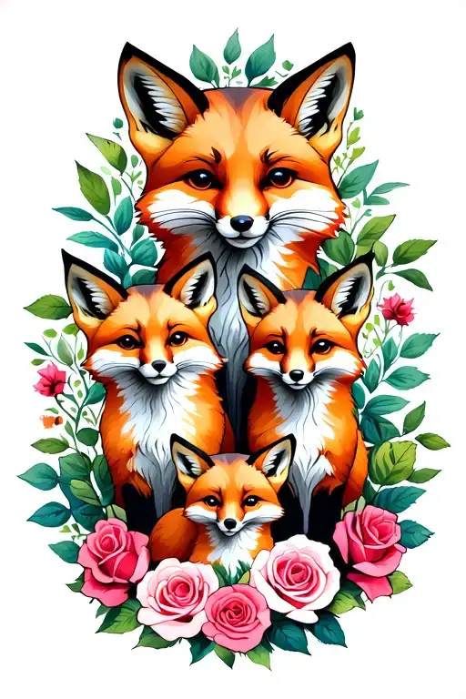 Family Of Foxes With Four Cubs And Roses Around It