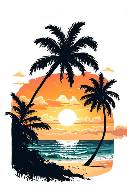 Sunset Beach Scene With Palm Trees Distressed At Sides