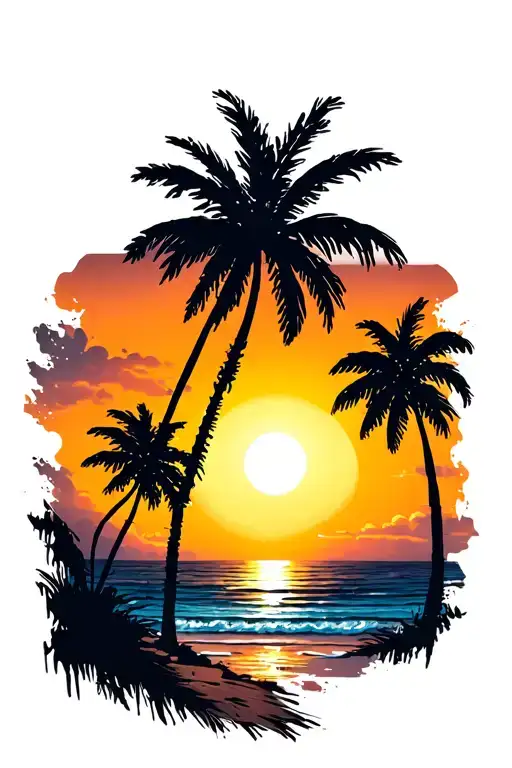 Sunset Beach Scene With Palm Trees Distressed At Sides