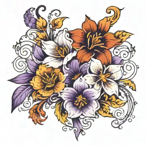 4 Flowers Red Purple White And Orange With Filigree In-between