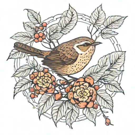 Wren And Rosehip Branch With Berries