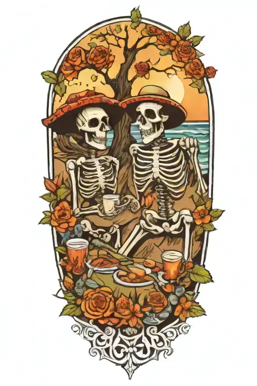 A Beach Scene With Day Of The Dead Skeletons Enjoying A Picnic Among Blooming Flowers