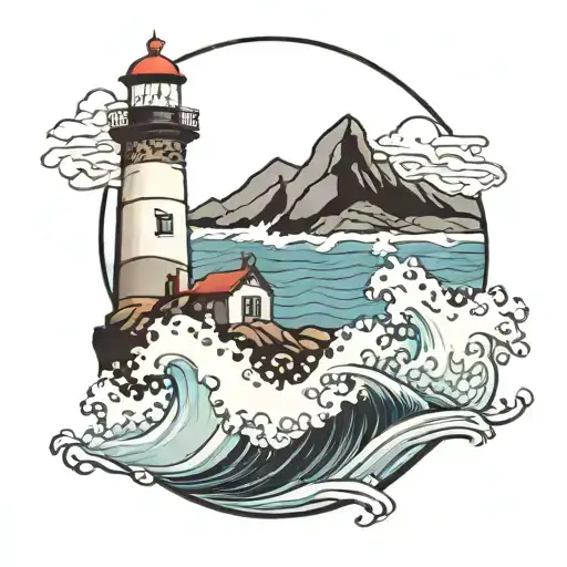 Waves Crashing On Lighthouse With Mountains In Background