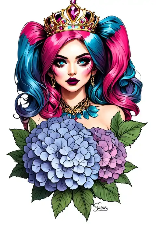 Hydrangea Flower Harley Quinn Inspired Tattoo With Jewel Crown