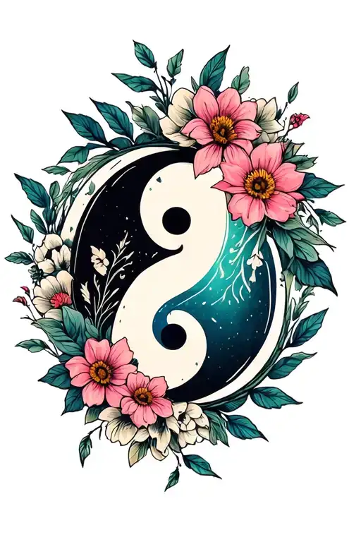 Yin Yang Symbol With Flowers And Skull