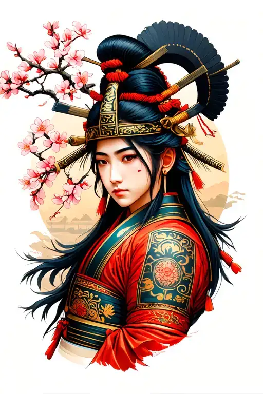 Samuri Warrior And Cherry Blossom Tree