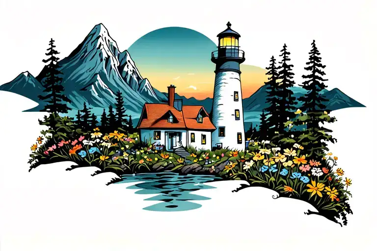 Light House With Mountains And Wildflowers