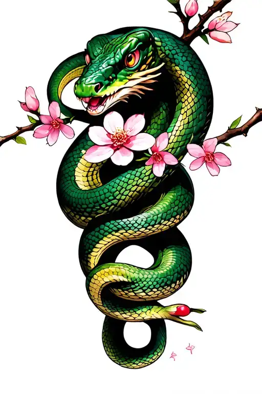 Snake Wrapped Around A Cherry Blossom Branch