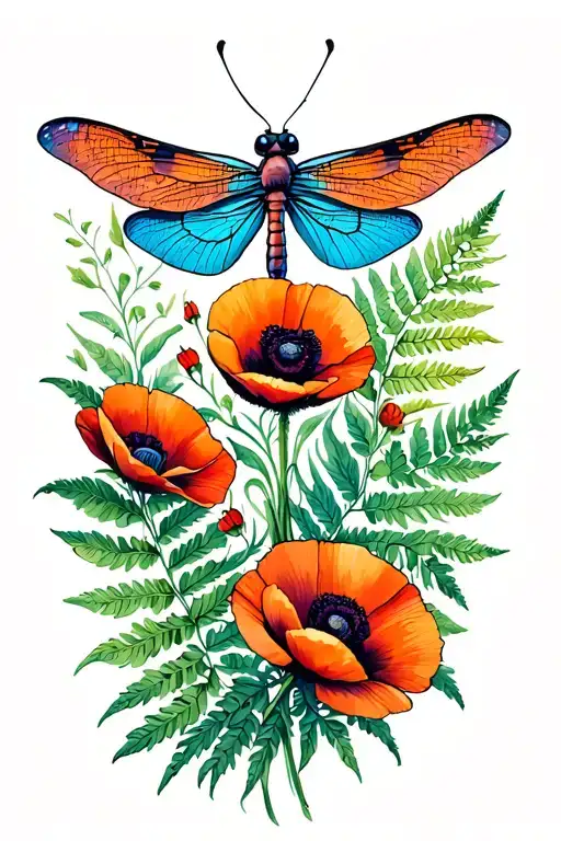 Poppies Fern Leafs Butterfly Dragonfly