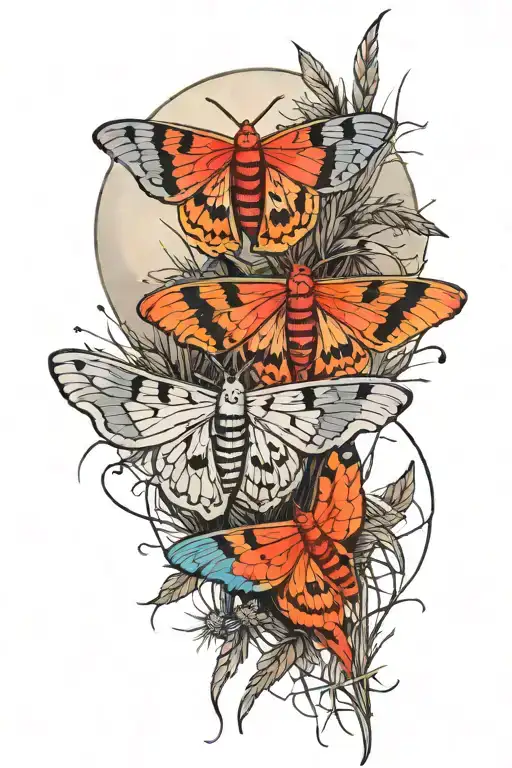 Three Colorful Moths With Black And Grey Grass In The Black And A Full Moon