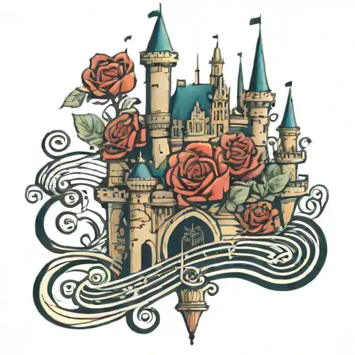 A Disney Castle Made Out Of Roses With A Music Staff Weaving Through It