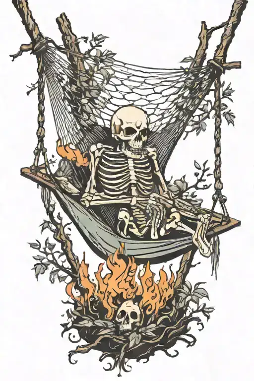 Skeleton Laying In A Hammock Between Trees On Fire