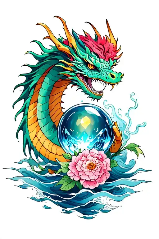 Dragon Holding Crystal Ball With Peonies And Water Waves