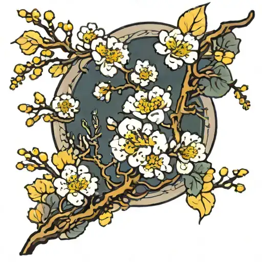 Yellow Japanese Apricot Blossom Branches And Flowers And Leaves On Half Sleeve