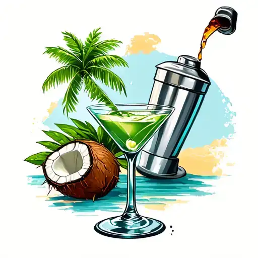 Coconut Trees Inside Martini Glass And Shaker Pouring