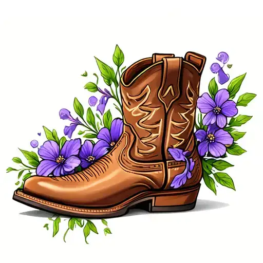 One Brown Cowboy Boot With Violet Flowers Coming Out Of It