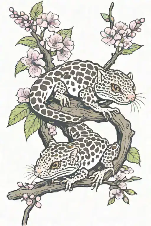 Two Leopard Geckos On A Branch With Cherry Blossoms At Each End