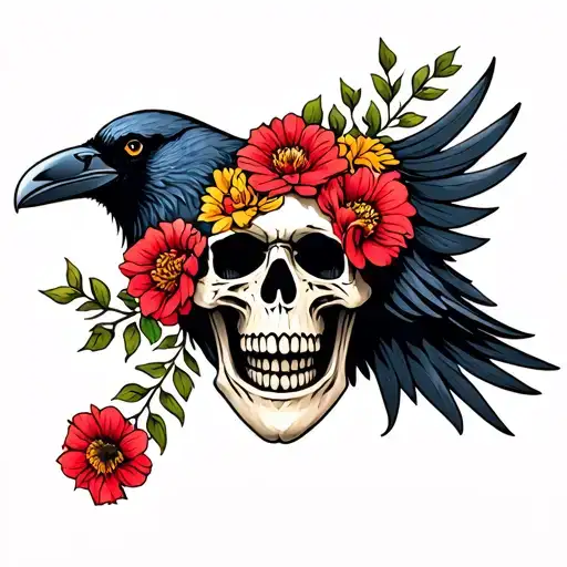 Smiling And Crying Skull Raven And Flowers Intertwined