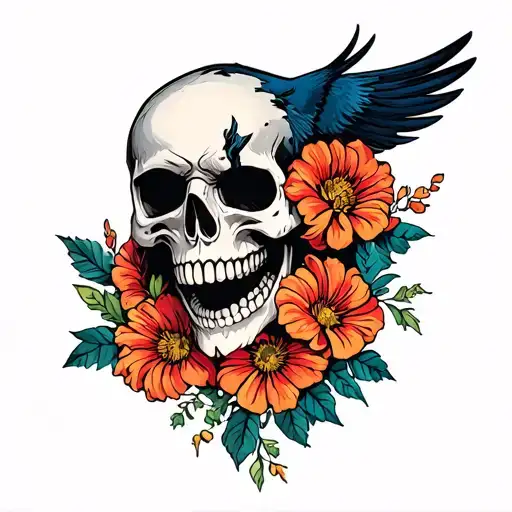 Smiling And Crying Skull Raven And Flowers Intertwined
