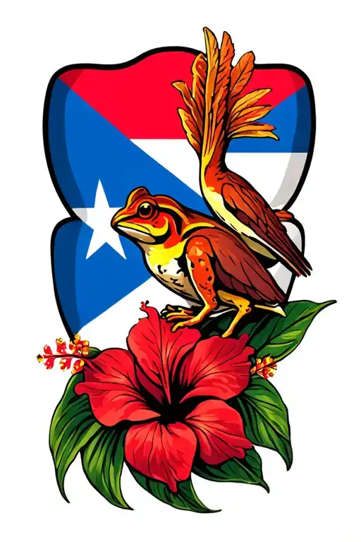 Puerto Rican Flag With Coqui And Red Hibiscus Flower