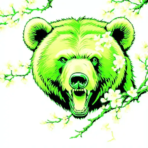 Grizzly Bear Face Roaring And Cherry Blossom Tree