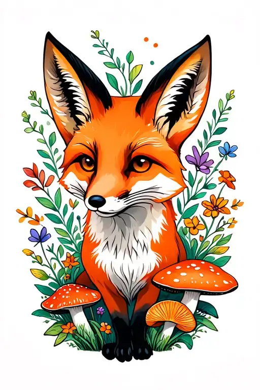 Red Fox Surrounded By Mushrooms And Flowers