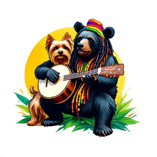 Black Bear Playing A Banjo With A Yorkie And Bob Marley