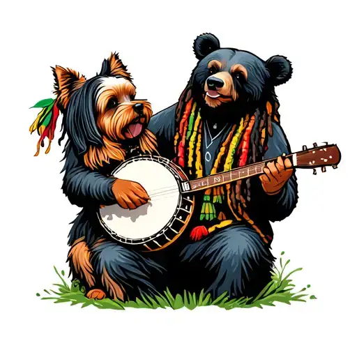 Black Bearin The Mountains Playing A Banjo With A Yorkie And Bob Marley